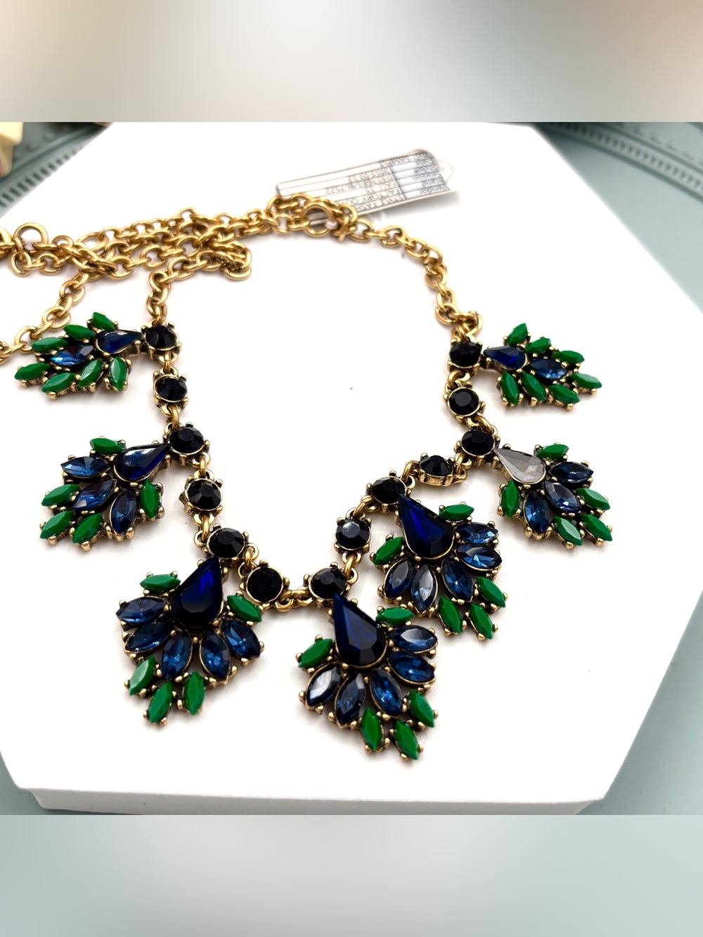 J.Crew vintage Gold tone Emerald crystal flower statement necklace